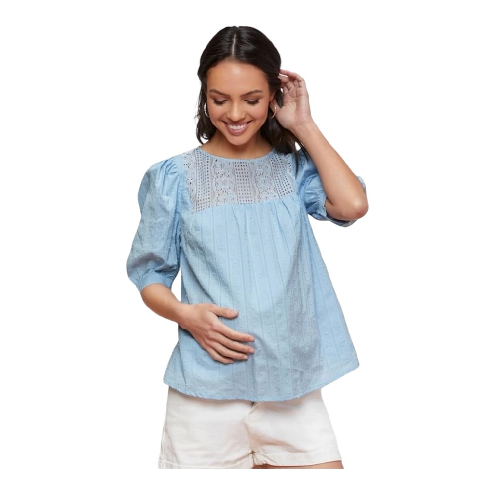 SHEIN Maternity Puff Sleeve Lace Insert Swiss Dot Top
